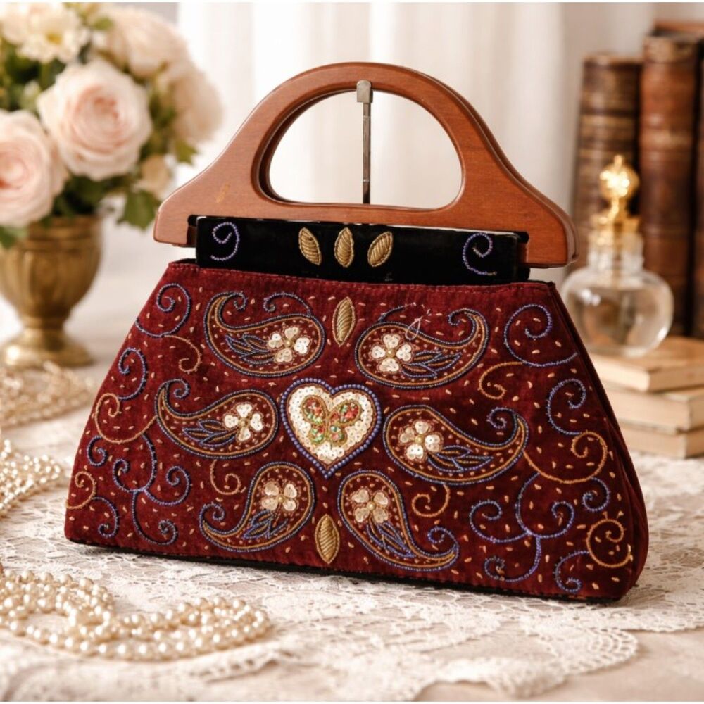 Vintage Beaded Sequin Evening Bag Wooden Arch Handles Velvet Trim Satin Lined